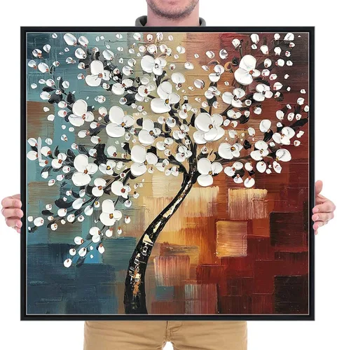 Vista 8 de Wieco Art Morning Glory - Arte de pared enmarcado, 24 x 24 pulgadas, 100% pintado a mano, pintura al óleo abstracta de flores blancas, decoración