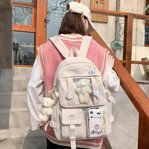 Vista 6 de Mochila escolar Kawaii para adolescentes y niñas, estética para el regreso a clases, linda y adorable con pin Kawaii y bonito accesorio, Blanco, L