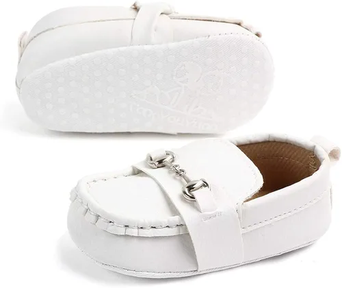 Vista 5 de QIETION Mocasines para bebés y niñas, bonitos zapatos de cuna para recién nacidos, tenis de poliuretano precaminante, perfectos para bautizogateoboda