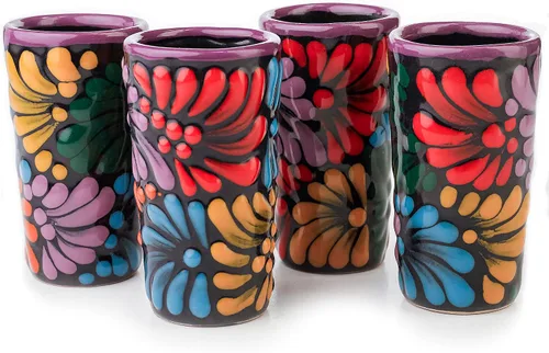 Vista 15 de Juego de 4 vasos de chupito Talavera auténticos mexicanos para tequila - Pintados a mano - 2 Oz (Corazón Azul)