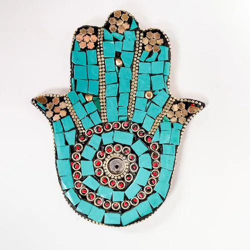 Vista 10 de Verde - Soporte para incienso de mano Hamsa - Mosaico Piedras