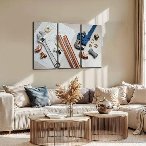 Vista 3 de Selección de herramientas de fontanería y materiales de fontanería, impresión en lienzo, obra de arte de pared, fotografía moderna, decoración