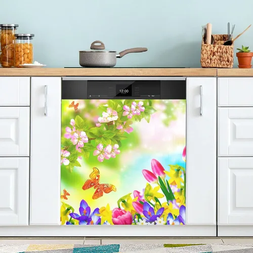 Vista 24 de Pintura al óleo azul amapola cubierta magnética para lavavajillas, flores de primavera, verano, floral, adhesivo magnético para lavavajillas