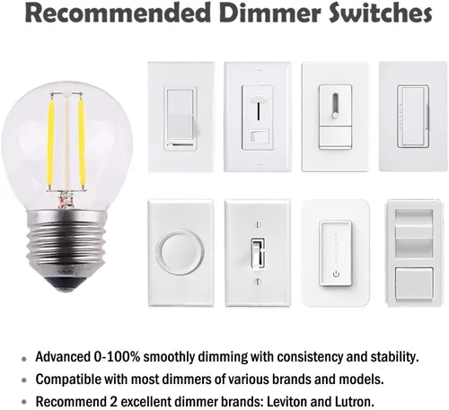 Vista 6 de Mini bombilla LED regulable estilo A15 con filamento LED, 2 W 200 lm, reemplazo incandescente de 25 W, base regular E26, color de luz blanca cálida