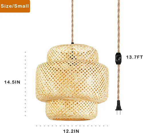 Vista 5 de Lámpara colgante de ratán para enchufar, con cable de enchufe, lámpara colgante de bambú regulable, tejida a mano estilo bohemio, pantalla