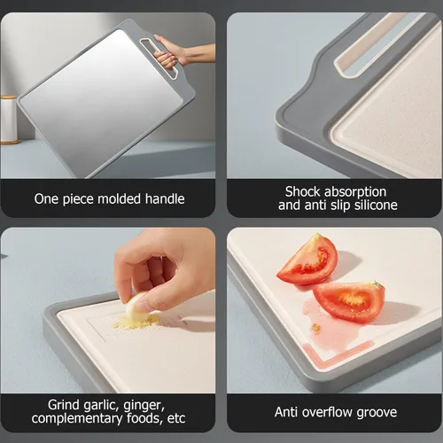 Vista 5 de Tablas de cortar de acero inoxidable para cocina, tabla de cortar de doble cara con mango, tabla de cortar inoxidable y tabla de cortar de paja