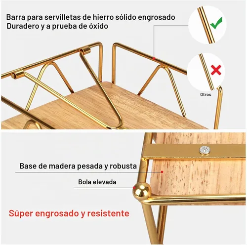 Vista 5 de Servilletero dorado moderno para mesa con brazo pesado, servilletero plano de metal cuadrado para servilletas de granja, bandeja rústica