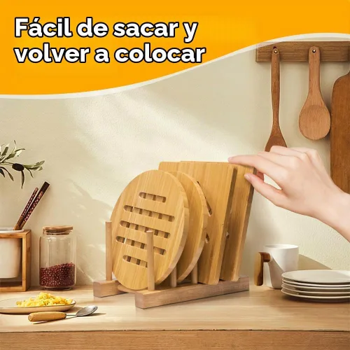 Vista 3 de Juego de salvamanteles de bambú para cocina, almohadillas calientes de bambú para platos calientes/cuencos/tetera/soportes para ollas calientes