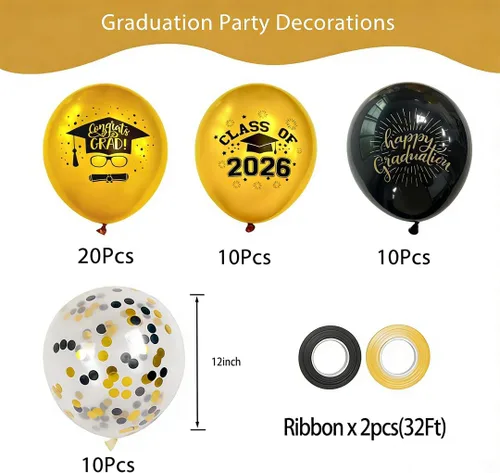 Vista 2 de Globos de graduación 2025 para fiesta de graduación, 50 globos de 30 cm negros y dorados de látex para graduación, globos de fiesta de graduación