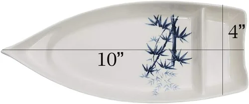 Vista 4 de Happy Sales HSSB-10BB - Plato con forma de barco de sushi para sushi sashimi, bandeja de plástico de melamina de 10 x 4.5 pulgadas (bambú)
