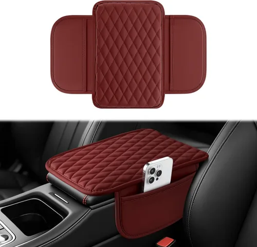 Vista 13 de Amiss Funda para consola central de automóvil, cojín de reposabrazos de automóvil de cuero mejorado con 2 bolsillos de almacenamiento, almohadilla