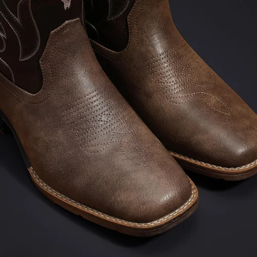 Vista 5 de Cowboy Boots for Men Square Toe Western Boots Retro Classic Embroidered Pull On Boot Café