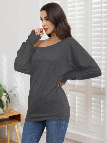 Vista 5 de Poetsky Women's Long Sleeve Off Shoulder Tunic Tops Loose Casual Oversized Shirts Blouse