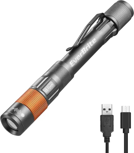 Vista 12 de EverBrite Mini Luz de Lápiz, linterna de bolsillo recargable con cable USB C, 4 modos de luz, linterna pequeña de 300 lúmenes con clip para Azul