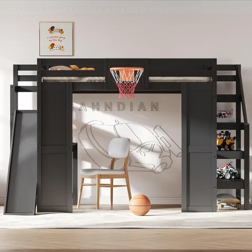 Vista 3 de Cama tipo loft de tamaño matrimonial con escritorio y tobogán para deportes Negro