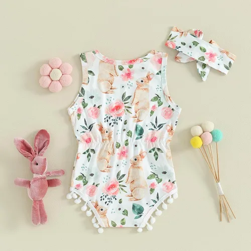 Vista 3 de AEEMCEM Traje de Pascua para bebé recién nacida, con estampado floral, sin mangas, con borla, mameluco de una pieza con diadema
