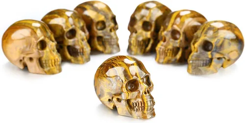 Vista 6 de Skullis Calavera de cristal de ojo de hierro de tigre de 2.0 pulgadas, escultura de arte fino de piedras preciosas talladas a mano, estatua