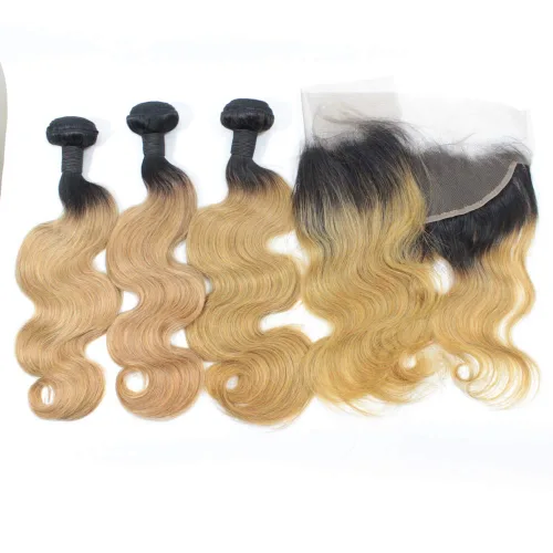 Vista 6 de 1B/27 rubio ombre brasileño virgen paquetes con cierres 4pcs lote cuerpo onda 12 con 10 pulgadas ombre encaje cierre con teje pelo
