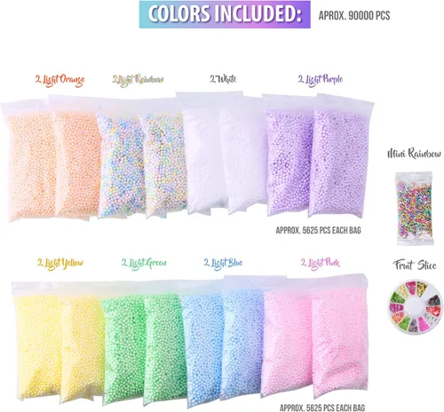 Vista 3 de Bolas de espuma de slime – Paquete de 18 cuentas de microespuma pastel de 0.1-0.14 pulgadas (90.000 piezas) Micro colores Rainbow Fruit Beads Craft