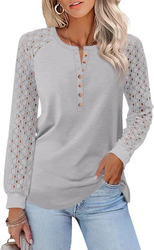 Vista 15 de Minetom Camisetas de manga larga con encaje para mujer, blusas casuales