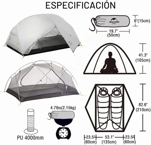 Vista 3 de Naturehike Mongar - Tienda de campaña para mochileros para 2 personas, ligera para 3 estaciones, impermeable, para senderismo, barras transversales