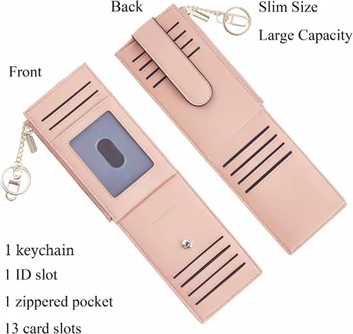 Vista 3 de Chelmon Billetera delgada para mujer, con bloqueo RFID, plegable, con bolsillo con cremallera, Rosa con llavero, Minimalista