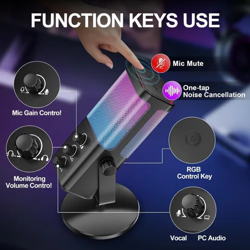Vista 6 de Micrófono USB para juegos con equilibrio de chat de juego, micrófono de condensador RGB con cancelación de ruido, silencio rápido y monitoreo