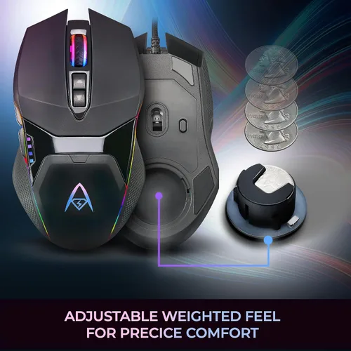 Vista 2 de Adesso iMouse X5 USB RGB iluminado para juegos - 7 botones, peso ajustable, interruptor DPI de 6 niveles hasta 6400, sensor óptico, diseño