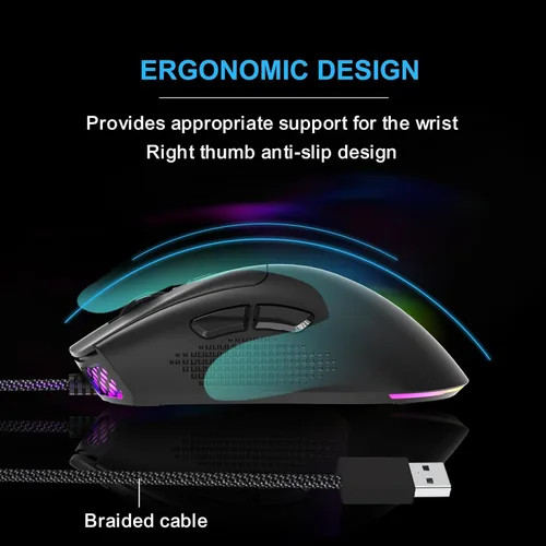Vista 3 de FOXXRAY Ratón para juegos SM-91 RGB, 7200 DPI, mouse óptico ligero con cable de 2.12 oz con 7 botones programables, agarres antideslizantes, cable