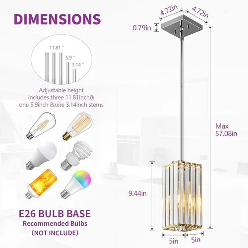 Vista 5 de Lámpara colgante moderna cromada rectangular de iluminación colgante mini candelabros de cristal, lámpara colgante ajustable para cocina, isla