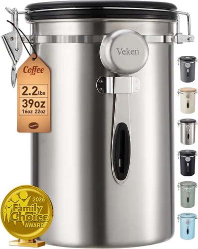 Vista 10 de Veken - Recipiente hermético para café de acero inoxidable, contenedor de almacenamiento de alimentos para la cocina con registro de fecha y cuchara