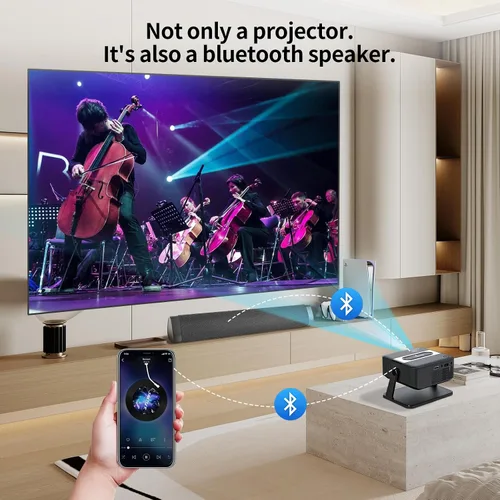 Vista 5 de Mini proyector 4K compatible con WiFi 6 y Bluetooth 5.0, altavoz de 4 W, Keystone vertical automático proyector portátil giratorio de 45°