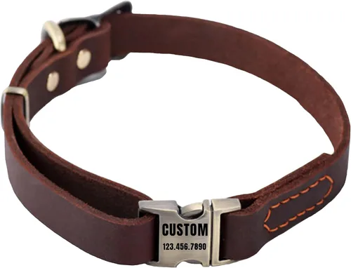 Vista 11 de Collar de cuero personalizado para mascotas, collar de perro personalizado con placa de identificación grabable, collar transpirable con hebilla
