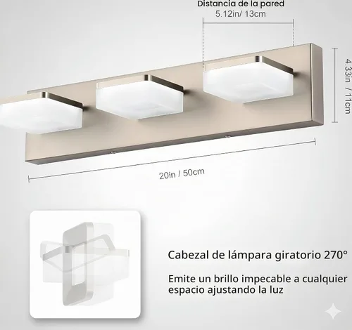 Vista 4 de Luces de Tocador de Níquel Cepillado para Baño - Lámpara de Tocador de 3 Luces - Apliques de Pared LED Regulables - Luz Diurna 5500K - Elegantes