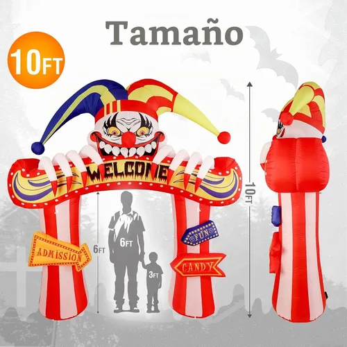 Vista 3 de WBHome 3 m Arco de payasos inflables de Halloween para decoración de exterior, del Día de los Muertos, para patio con luz LED integrada