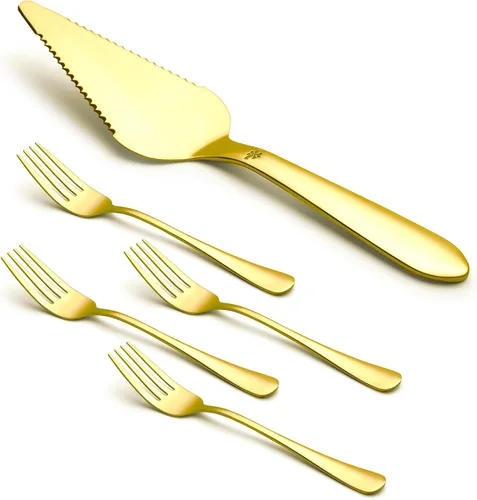 Vista 14 de Juego de servidor de pasteles y tartas Eisinly para boda, elegante juego de servidor y cortador de pizza con bordes dentados grandes de acero Dorado