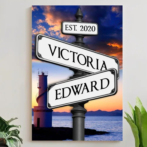 Vista 9 de Mapileng Lienzo personalizado de Crossroads Street Sign para parejas, nombres personalizados y fecha, arte de pared vintage, regalo del día de San