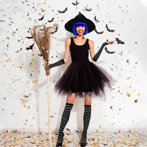 Vista 2 de Ibeauti Disfraz de bruja de Halloween para mujeres y niñas, disfraz gótico de bruja, falda tutú, falda de tutú, calcetines altos hasta la rodilla