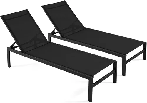 Vista 14 de Tangkula Tumbona de aluminio para patio, sillón ajustable para exteriores con respaldo de 6 posiciones, marco de aluminio resistente, tela Negro