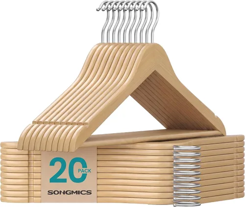 Vista 10 de SONGMICS Perchas de madera, paquete de 20, perchas para abrigos, barra para pantalones, ganchos giratorios de 360°, madera de abedul maciza, 0.3