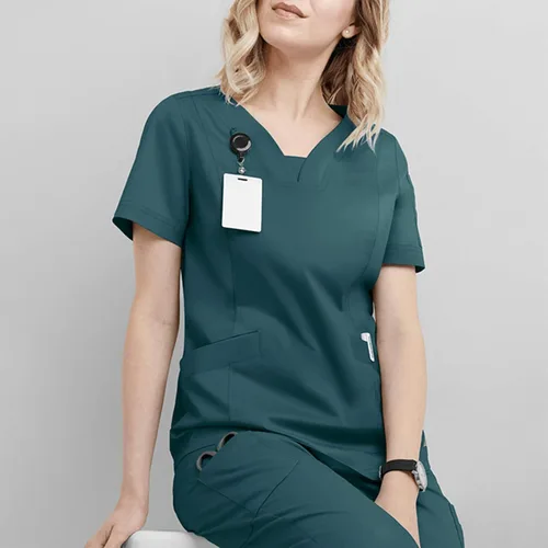 Vista 4 de Conjunto de uniforme médico para mujer, elástico en 4 direcciones, bolsillos ligeros, cuello en V, conjunto de ropa quirúrgica con cordón elástico