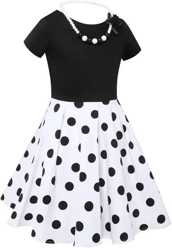 Vista 5 de Tao-Ge Vestido vintage de lunares para niñas, vestidos de fiesta retro de los años 50, vestido de fiesta con vuelo, talla 6-12 con collar