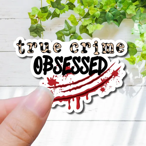 Vista 2 de 3.5" True Crime Obsessed Laminated Laptop Sticker Drama Murder Mystery Detective At home Binge Watch Leopard Print Blood Knife