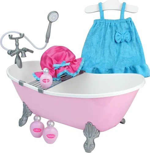 Vista 5 de Sophia's Bañera clásica rosa con pie de garra con gorro de ducha, vestido de rizo y accesorios de ducha para muñecas de 18 pulgadas, rosa claro