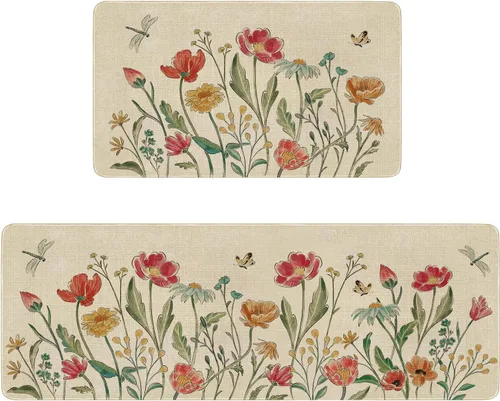 Vista 8 de Juego de 2 tapetes y tapetes de cocina con diseño floral de primavera, diseño floral de acuarela para piso, decoración de fregadero de cocina