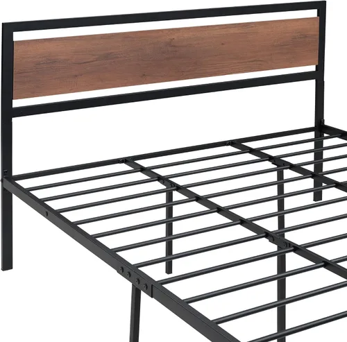 Vista 4 de Base de cama de plataforma tamaño Queen con cabecera de madera rústica vintage, marco de cama resistente con almacenamiento, no necesita somier