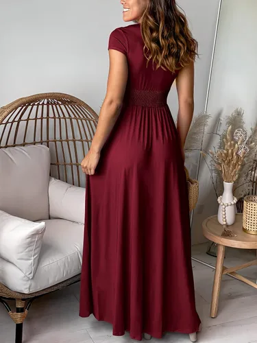 Vista 4 de ANRABESS - Vestido largo de manga corta con cuello en V profundo para mujer, plisado, cintura alta, abertura lateral, para club, fiesta y noche
