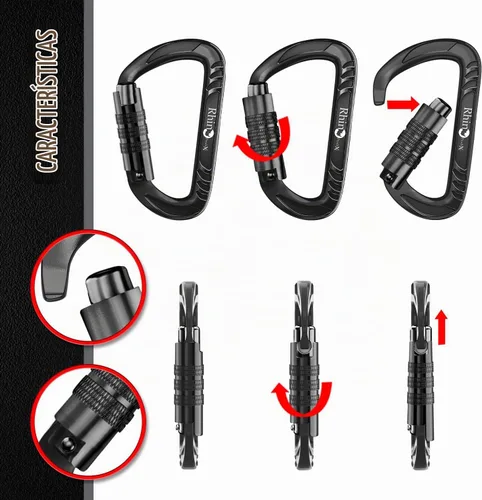 Vista 4 de Rhino Produxs 12kN (2697 lbs) Heavy Duty Carabiner Clips Autolocking Negro