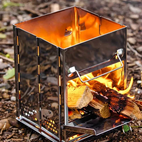Vista 4 de REDCAMP Estufa de campamento plegable de leña con rejilla de acero inoxidable, estufa plegable portátil para mochilero, estufa de cohete