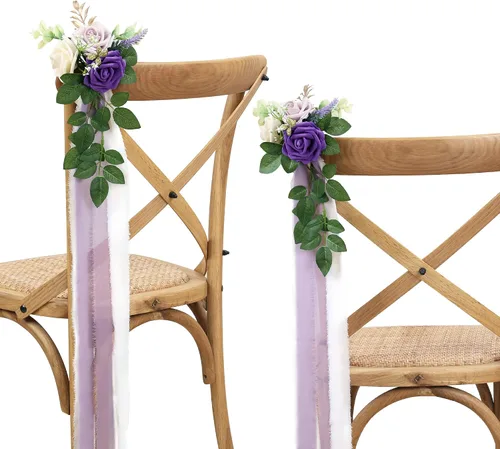 Vista 8 de Arreglo floral de pasillo para la ceremonia de la boda, juego de 10 flores para sillas de la iglesia, decoración para fiestas con flores Azul